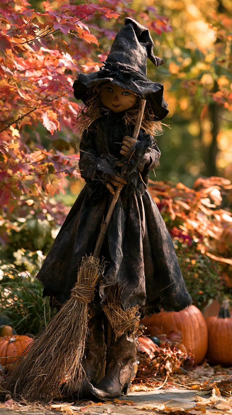 Witch-dressed outdoor scarecrow decor with black hat and straw among vibrant fall foliage and orange pumpkins
