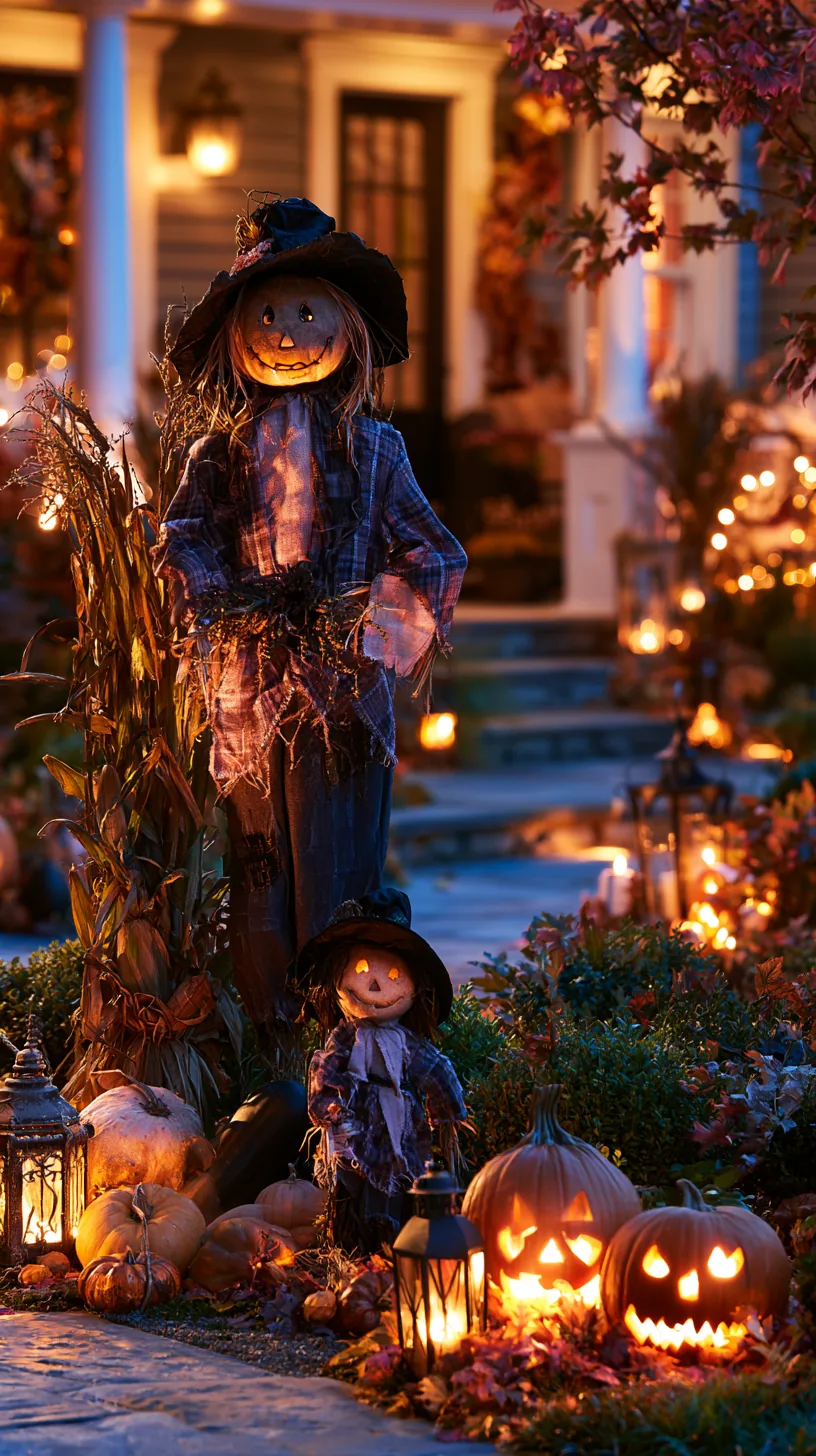 Full-size and mini outdoor scarecrow decor with lit pumpkin heads, blue plaid, straw, jack-o'-lanterns, porch