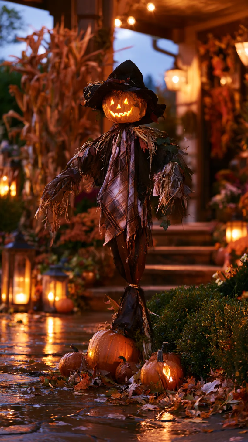 Carved jack-o'-lantern scarecrow with straw-packed torso in outdoor scarecrow decor on wet autumn porch