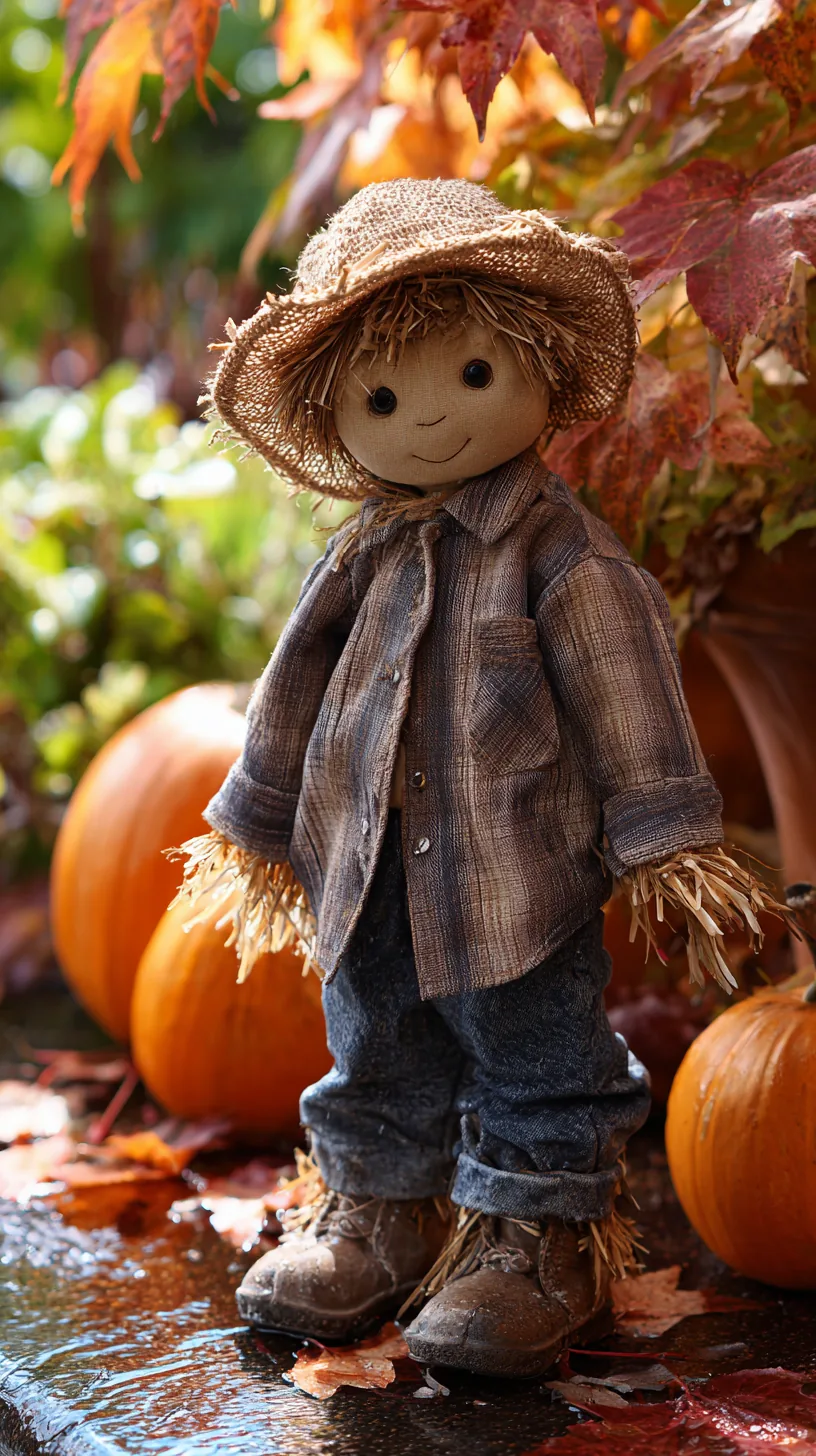 Straw-stuffed scarecrow in weatherproof burlap hat and linen shirt with pumpkins for outdoor scarecrow decor
