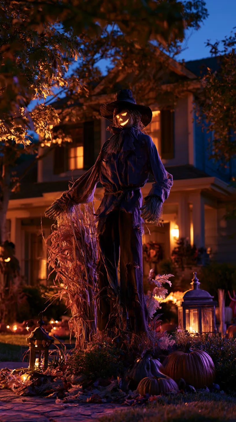 Well-anchored outdoor scarecrow decor with glowing jack-o'-lantern head and straw in black at night