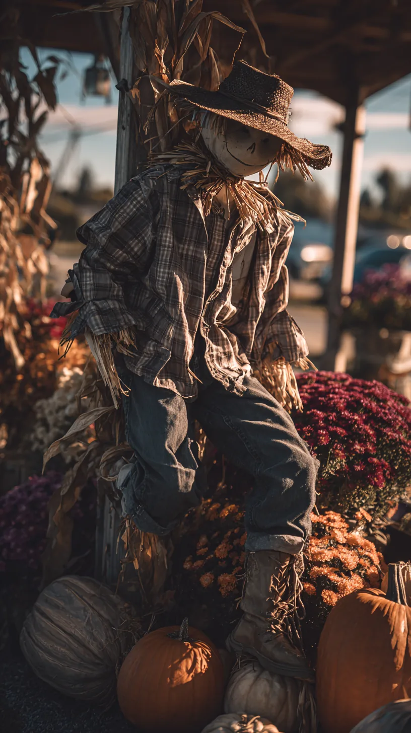Rustic outdoor scarecrow decor anchored to wooden post with straw hat, plaid shirt, blue jeans, surrounded by mums and