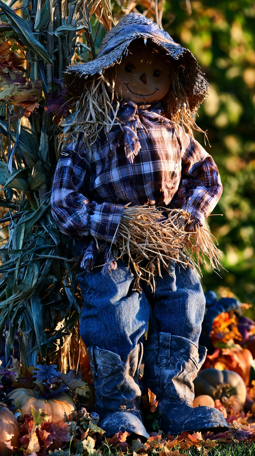 Anchored outdoor scarecrow decor in blue plaid shirt and jeans with sturdy base in garden