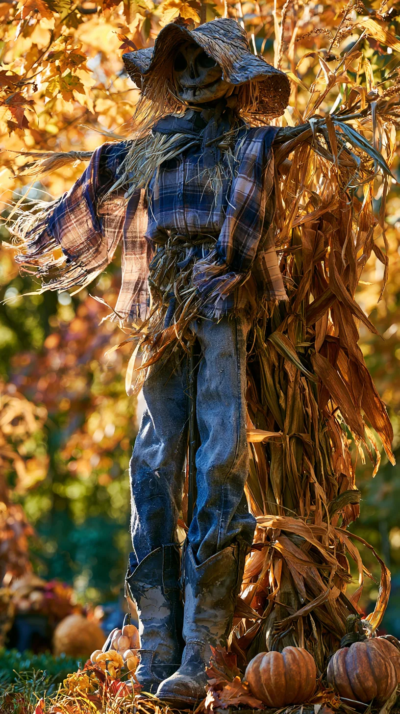 Securely anchored outdoor scarecrow decor with wooden pole, blue plaid shirt, straw-filled body, fall pumpkins