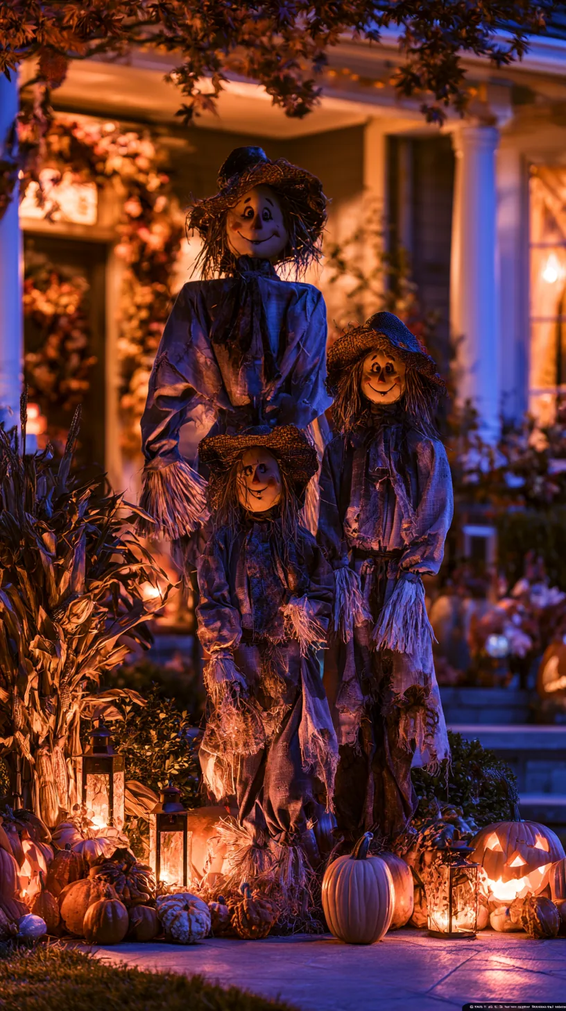 Family of three straw scarecrows graduated by size in outdoor scarecrow decor with lit pumpkins