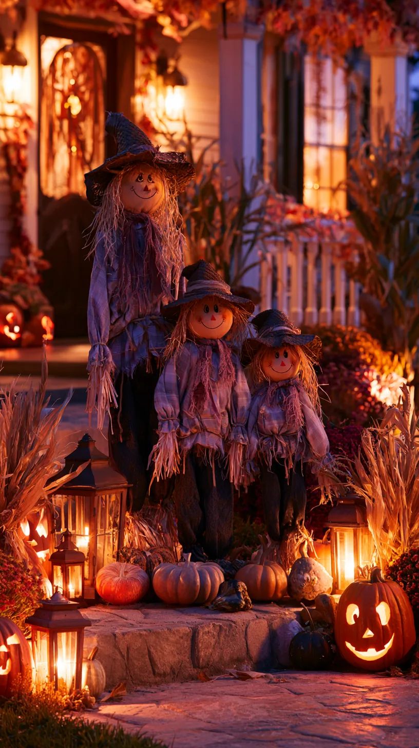 Three straw scarecrows blue denim hats with lit pumpkins and lanterns create outdoor scarecrow decor