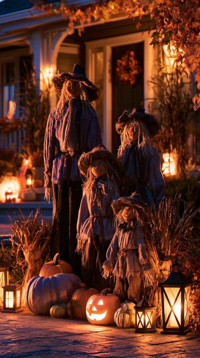 Scarecrow family in graduated sizes with straw and navy, outdoor scarecrow decor with pumpkins and lanterns