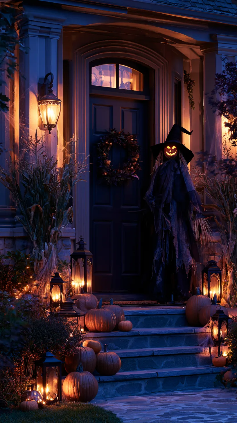 Witch hat scarecrow with glowing jack-o-lantern at front door with pumpkins for outdoor scarecrow decor