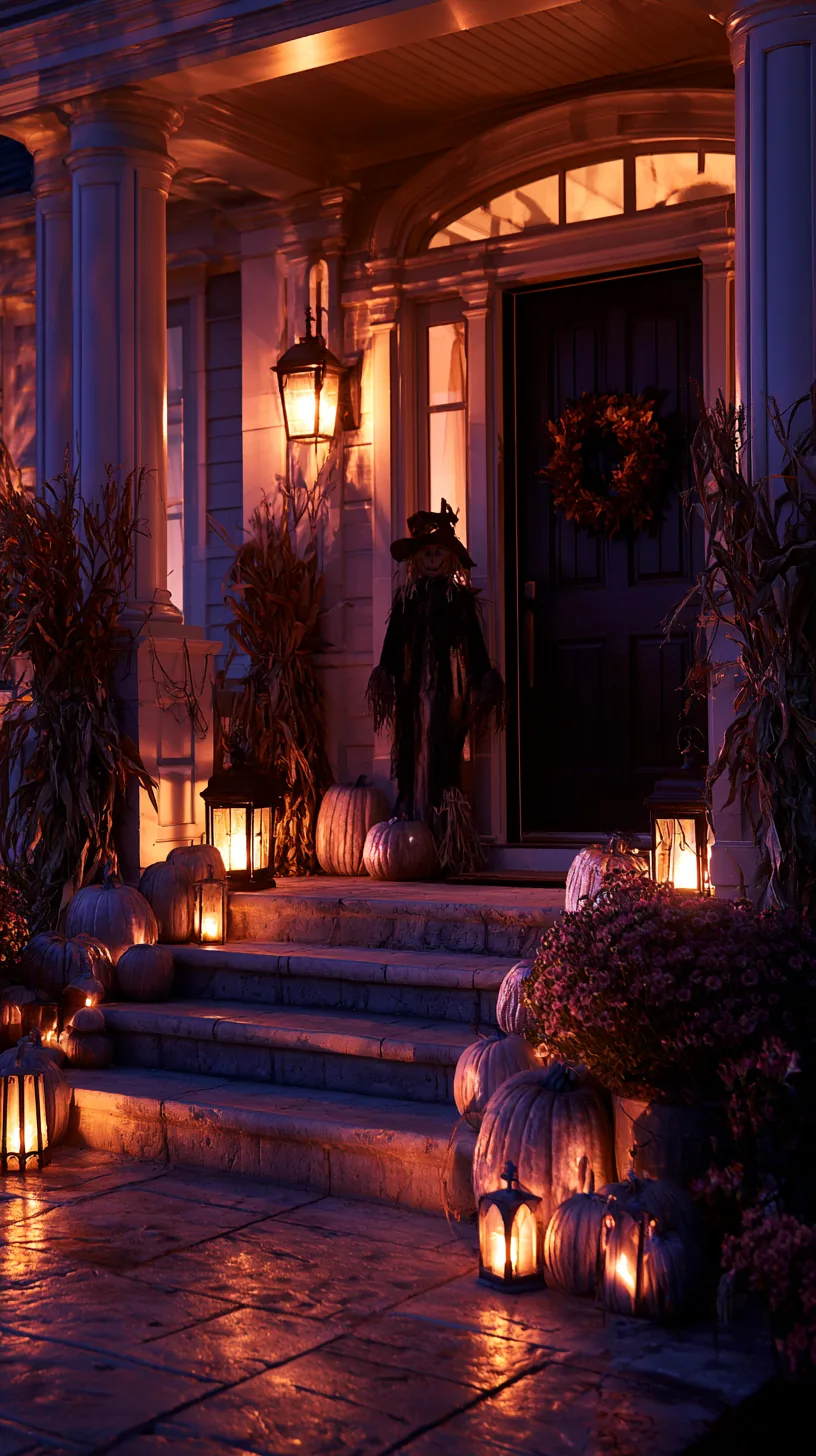 Dark scarecrow at front door with pumpkins, corn stalks, and lit lanterns for outdoor scarecrow decor