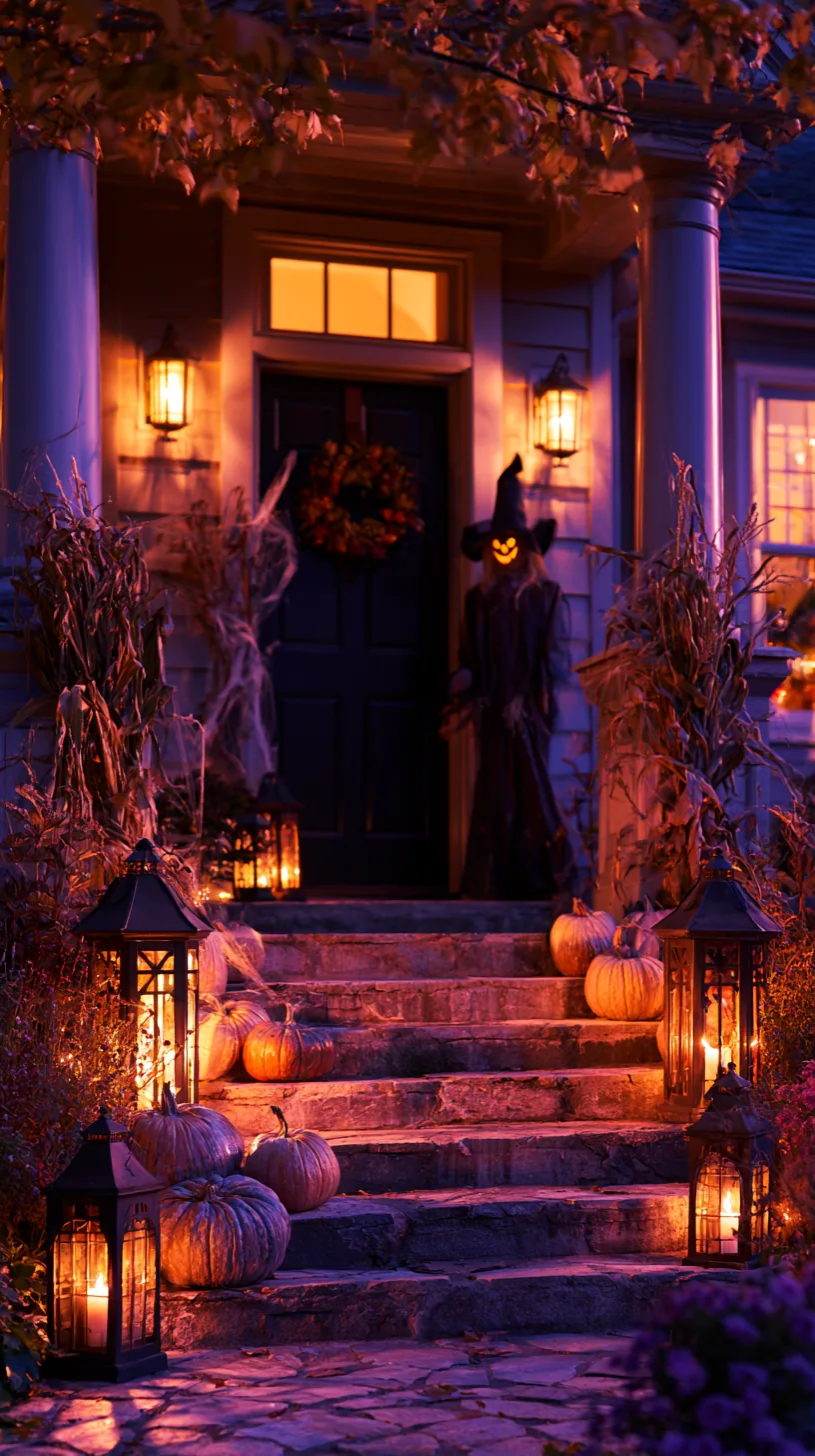 Outdoor scarecrow decor with witch hat and glowing pumpkin face positioned at front door with lanterns