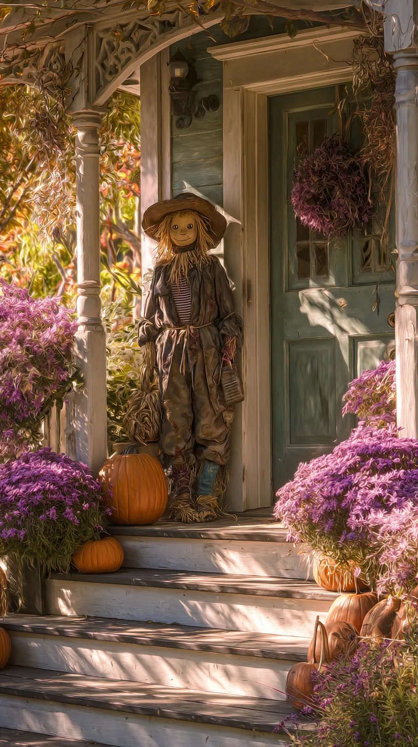 Brown straw scarecrow at front door entry with purple mums, pumpkins, outdoor scarecrow decor