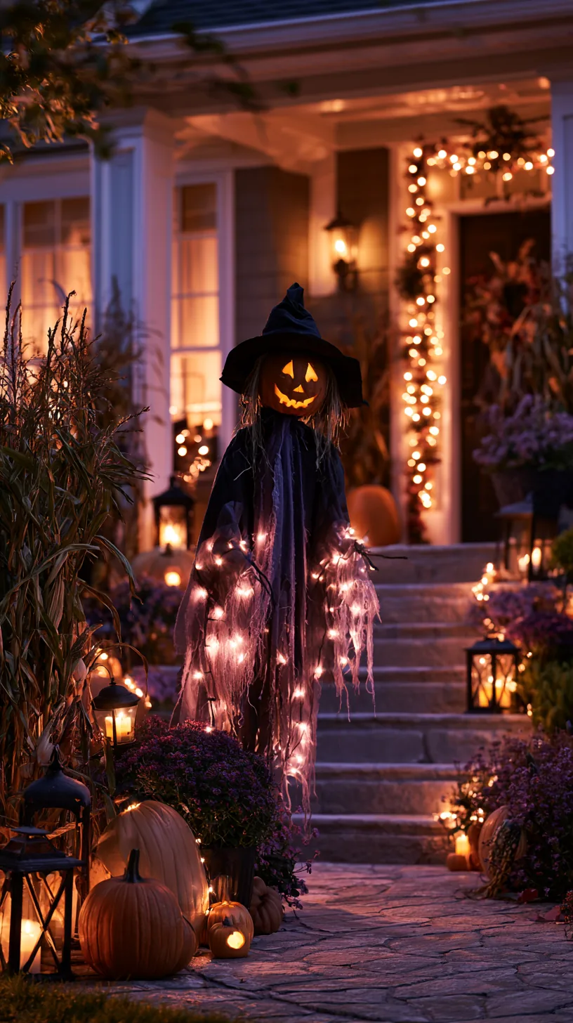 Outdoor scarecrow decor with glowing pumpkin face and warm lights draped on black fabric at evening porch