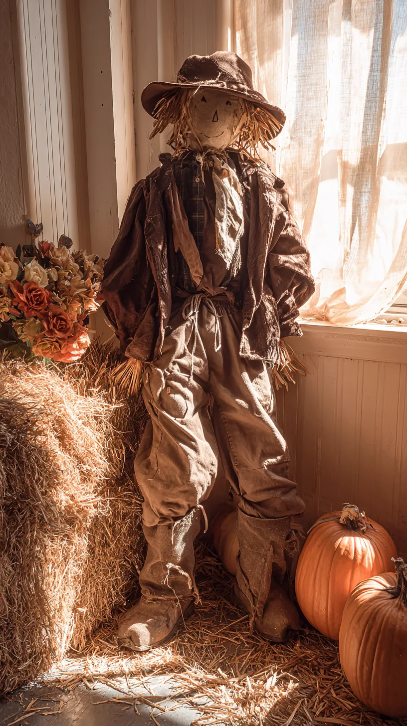 Scarecrow with straw and brown jacket by sunlit window, outdoor scarecrow decor brought inside before freeze