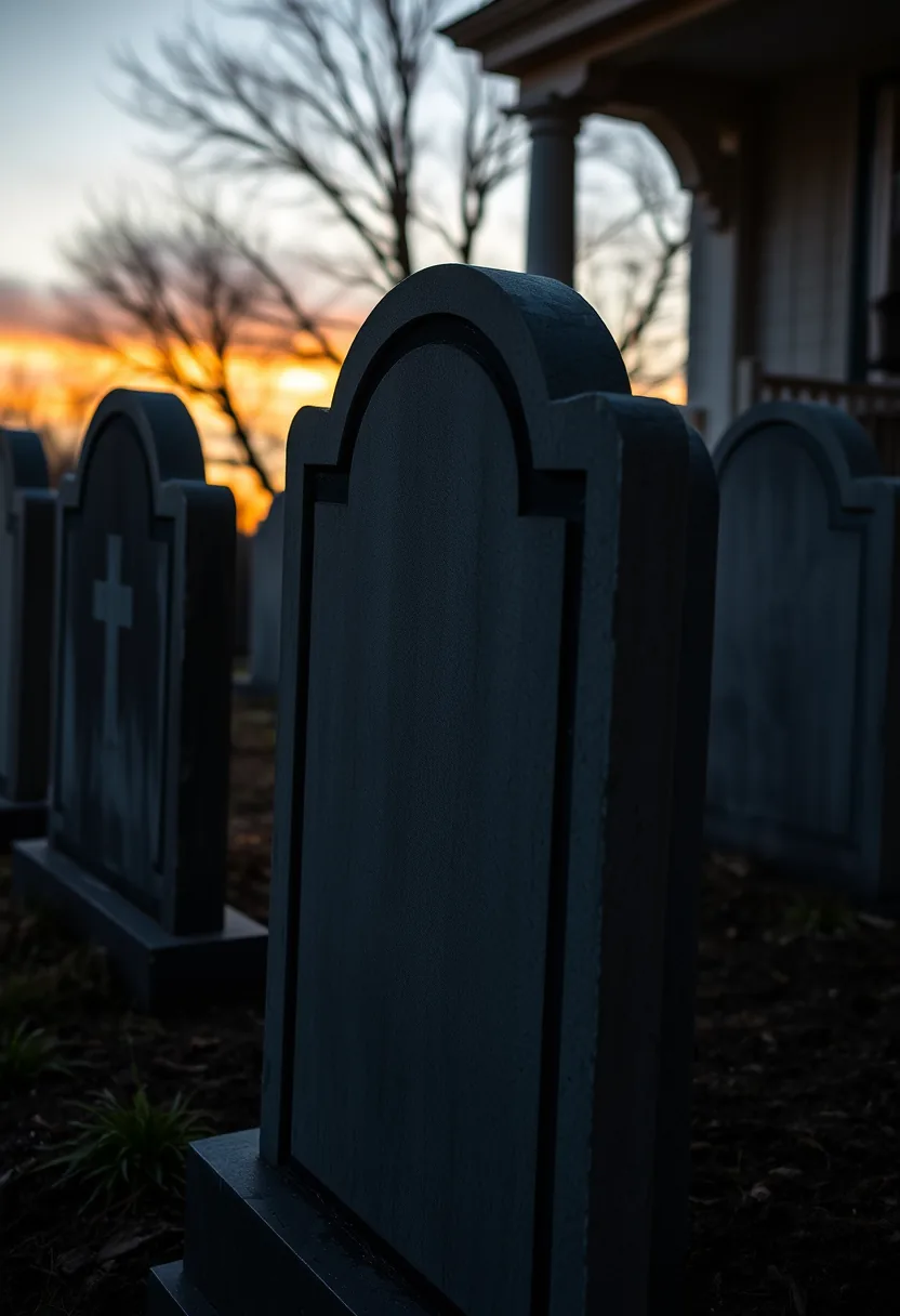 Dark slate tombstones with dry-brush aged texture for outdoor halloween graveyard tombstone decor, golden hour