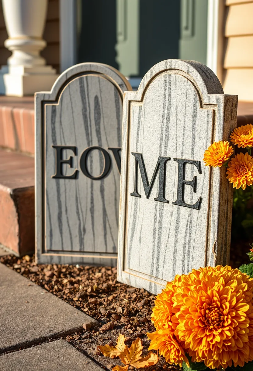 Outdoor halloween graveyard tombstone decor, dry-brush aged wood, gray grain, gold trim, orange mums