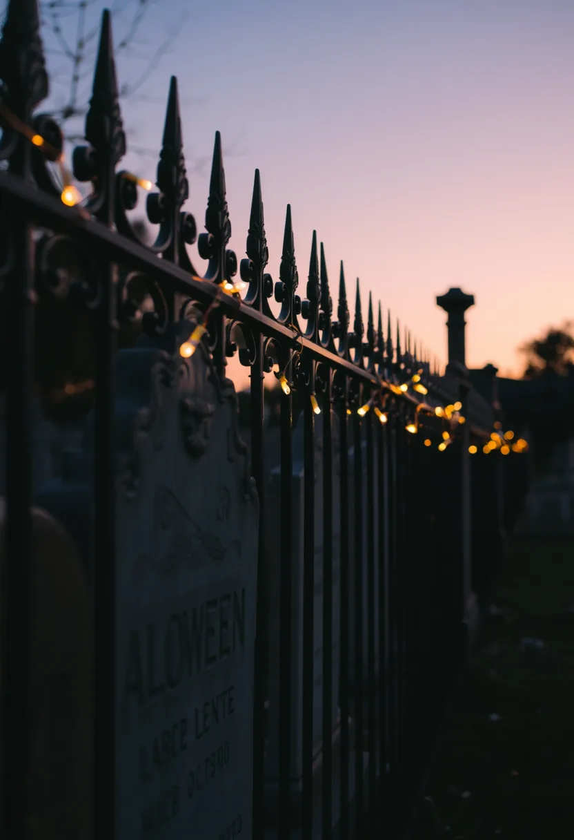 Black ornate wrought-iron fence with gold lights and cross for outdoor Halloween graveyard tombstone decor
