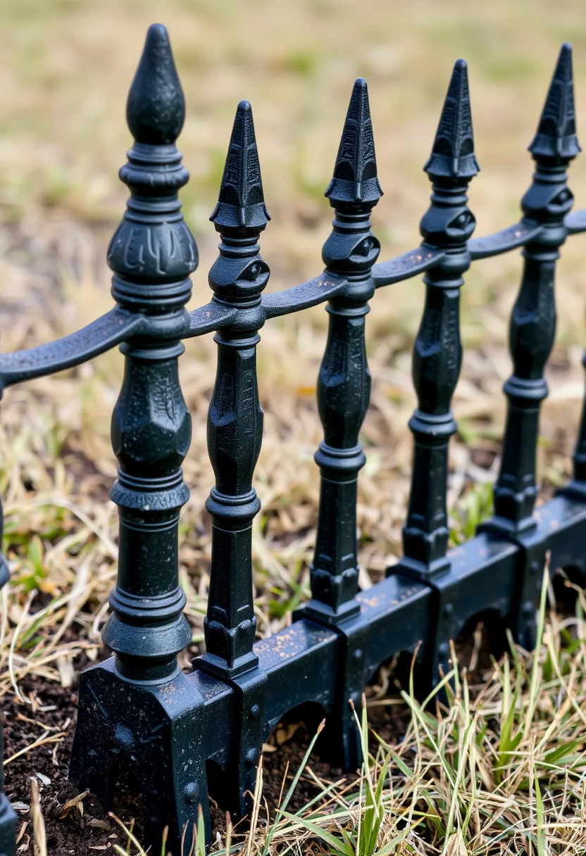 Black wrought-iron cemetery fence with spear finials in garden bed outdoor halloween graveyard tombstone decor