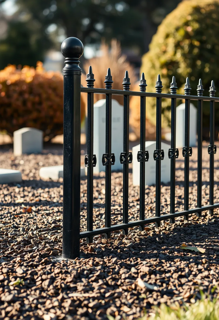 Black faux wrought-iron cemetery fence with finials for outdoor halloween graveyard tombstone decor front bed