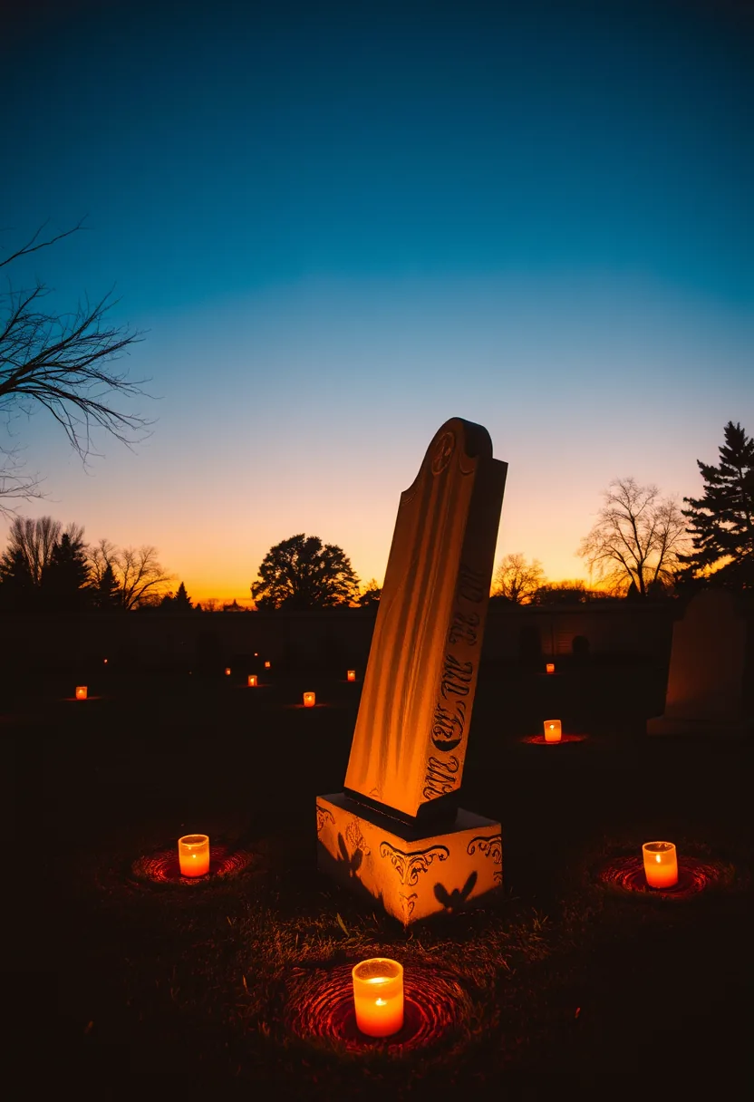 Weathered leaning tombstone surrounded by glowing candles in outdoor halloween graveyard tombstone decor