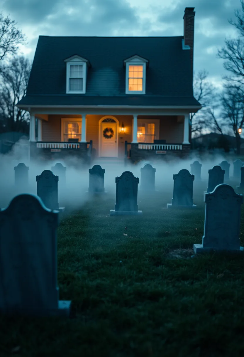 Gray stone tombstones with thick white fog rolling across outdoor Halloween graveyard decor