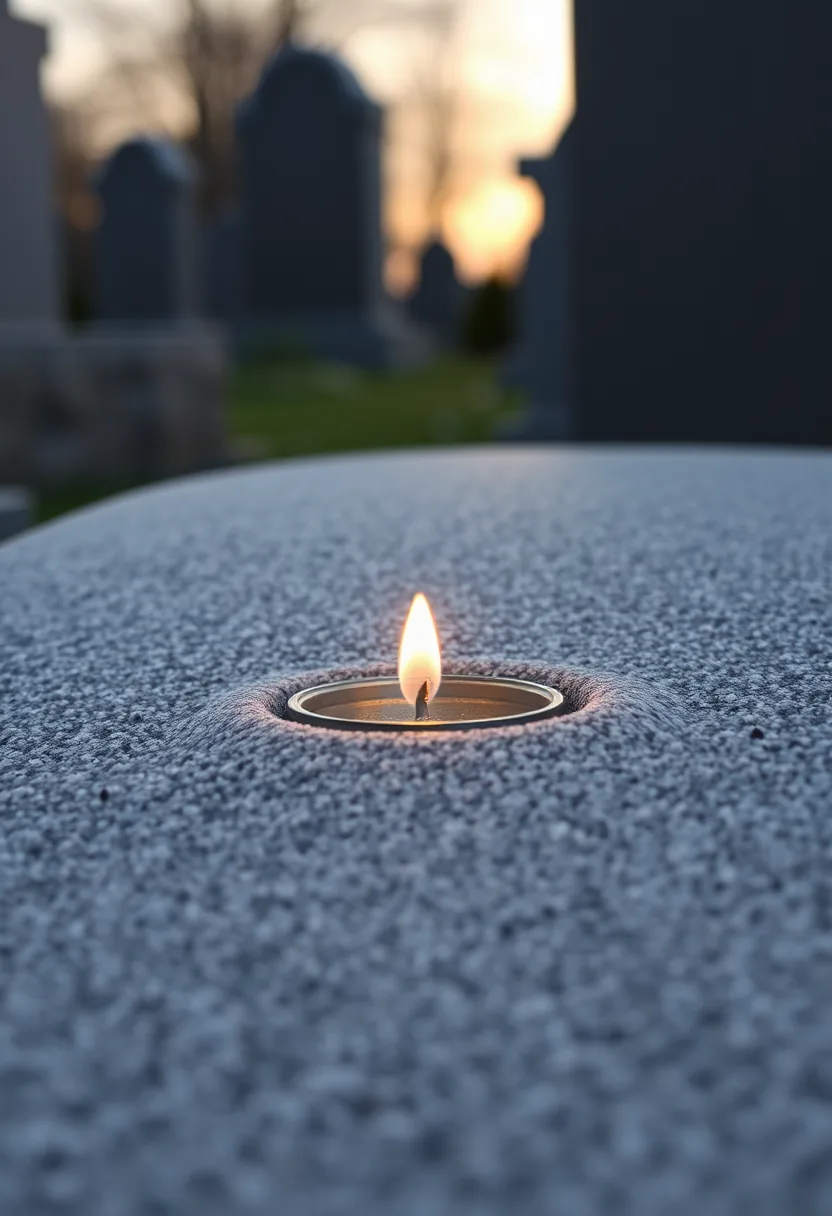 Flickering candle on gray tombstone in outdoor halloween graveyard decor with stone graves silhouetted at dusk