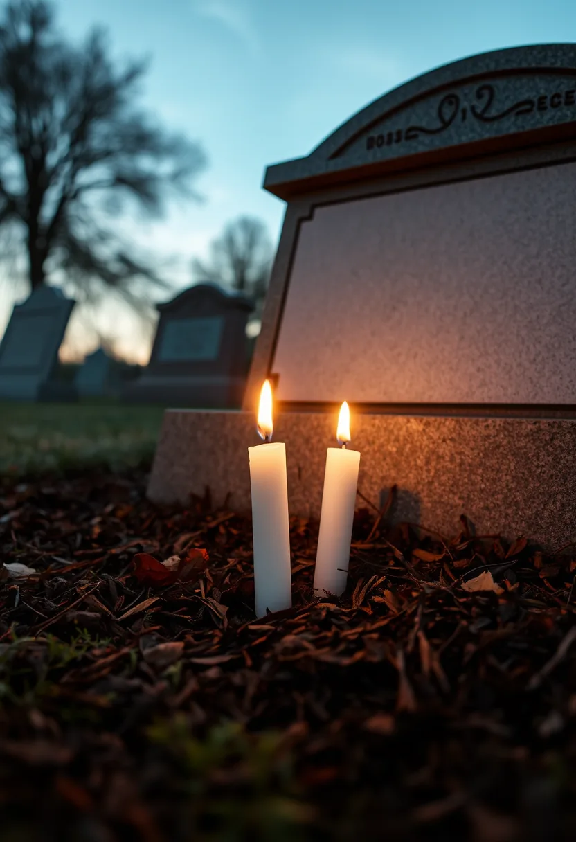 Two white flickering battery candles among graves at stone tombstone in outdoor halloween graveyard decor