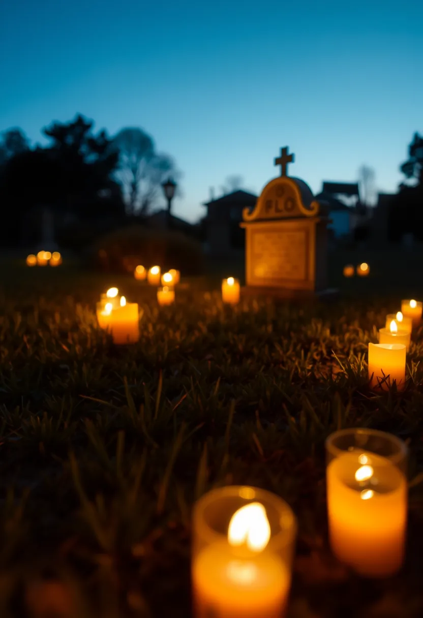 Flickering amber battery candles scattered in outdoor halloween graveyard tombstone decor at dusk