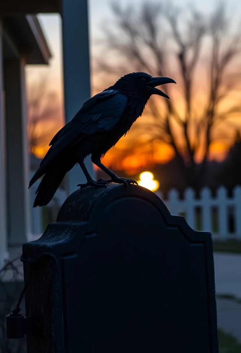 Black faux raven perched on tombstone at dusk, outdoor Halloween graveyard tombstone decor