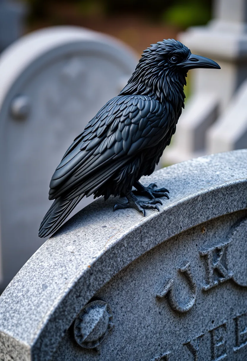 Black faux raven perched on gray stone tombstone for outdoor halloween graveyard tombstone decor