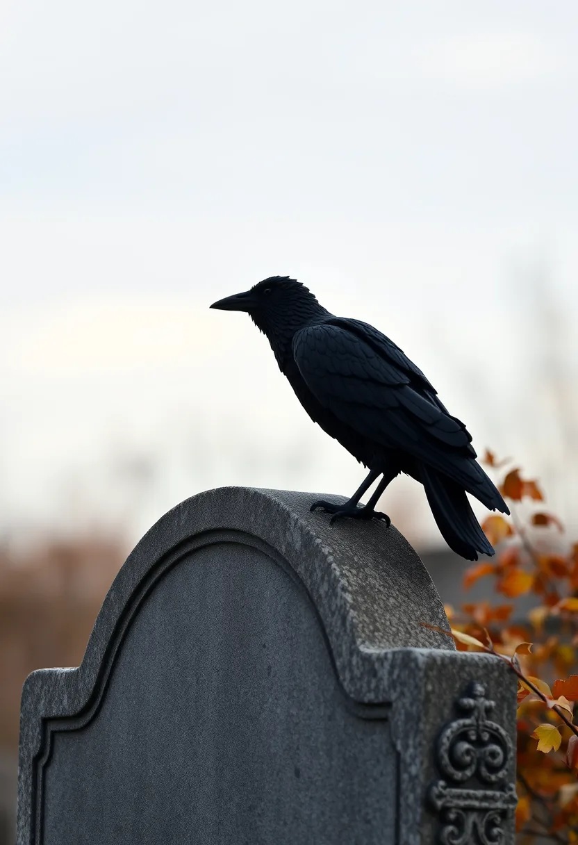 Black faux raven on gray tombstone with orange autumn leaves, outdoor halloween graveyard decor