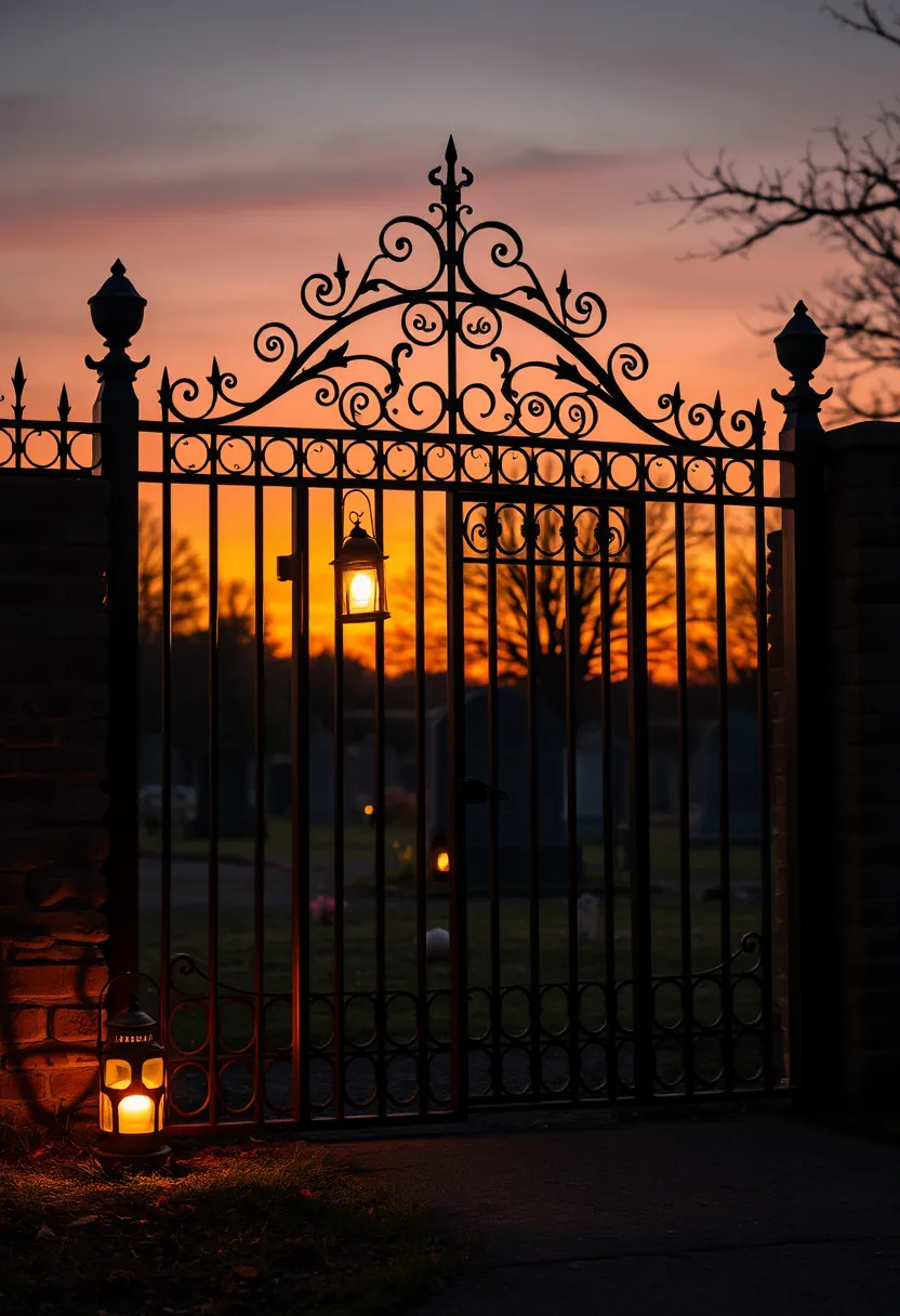 Black ornate iron gate, scrollwork, hanging lantern, sunset glow, outdoor halloween graveyard tombstone decor entrance