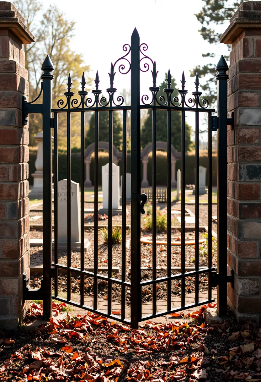 Black ornate iron gate with brick pillars, outdoor halloween graveyard tombstone decor and white headstones