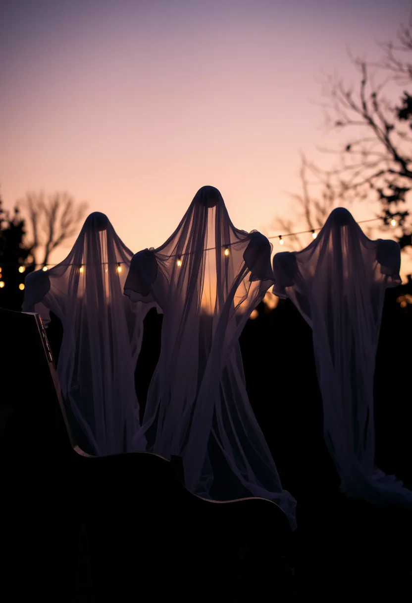 Cheesecloth ghosts with warm LED lights draped for outdoor halloween graveyard tombstone decor at twilight