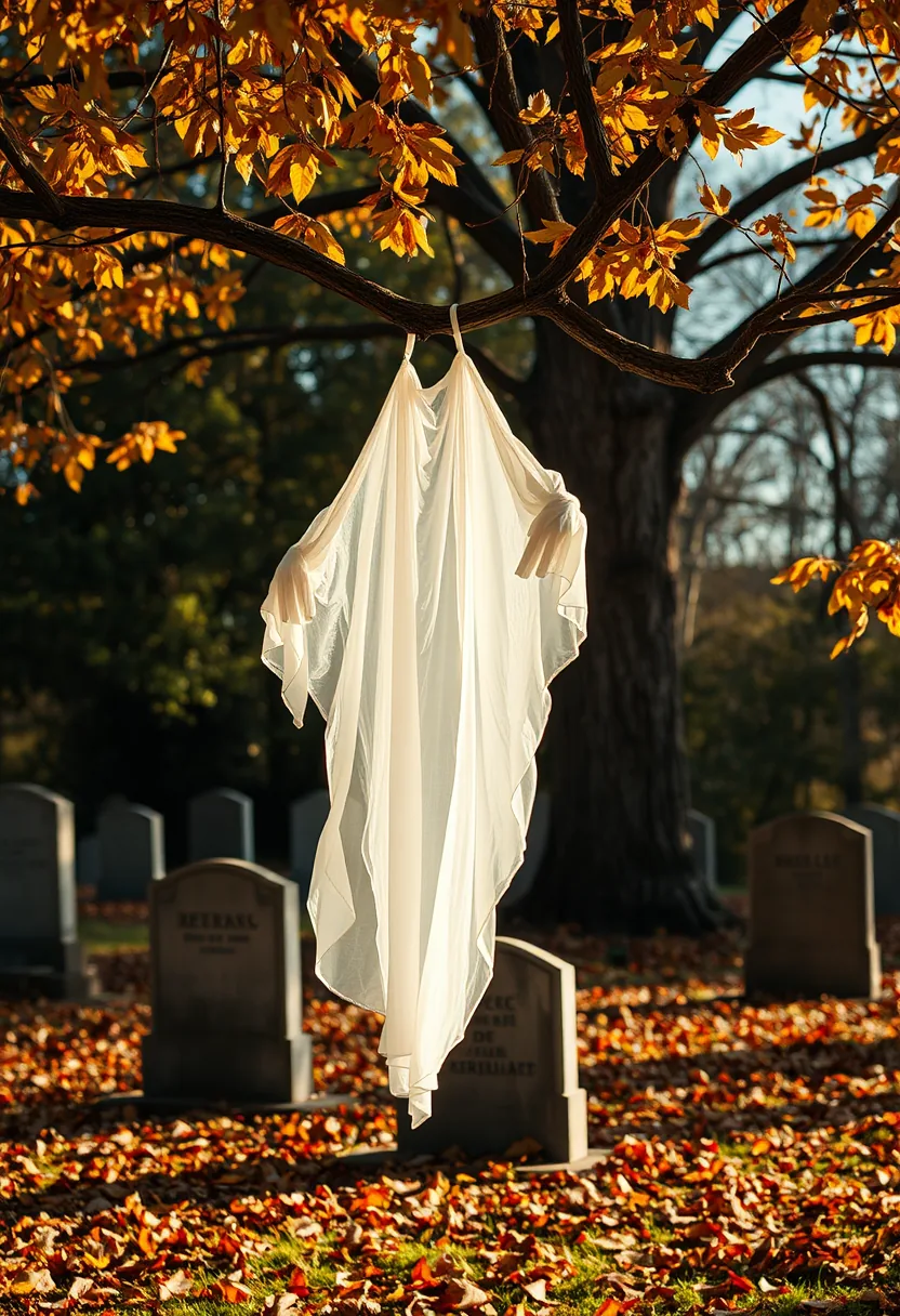 Creamy cheesecloth ghost draped on dark tree branch with tombstones in outdoor halloween graveyard decor