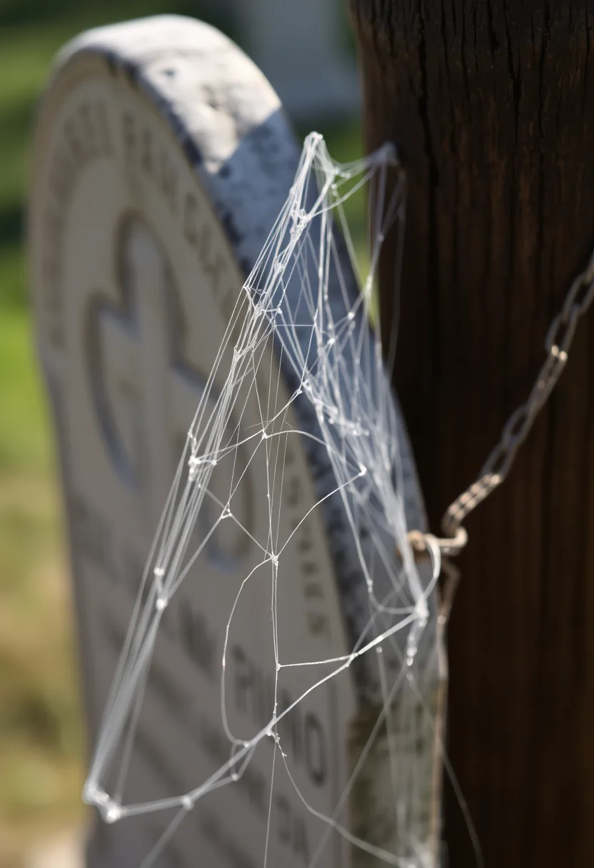 White cobwebs stretched between stone tombstone and dark fence for outdoor halloween graveyard tombstone decor