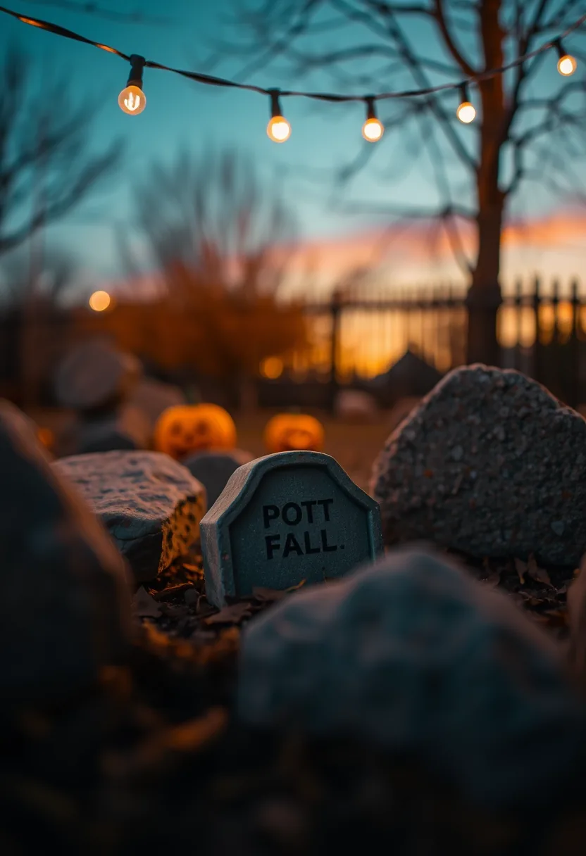 Outdoor halloween graveyard tombstone decor with gray stone pet grave marker and warm string lights