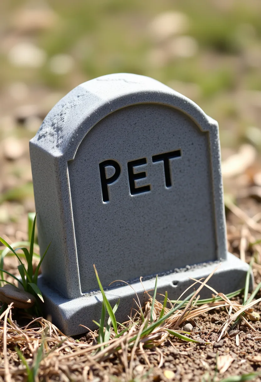 Gray stone pet grave marker engraved with PET in outdoor halloween graveyard tombstone decor yard setting