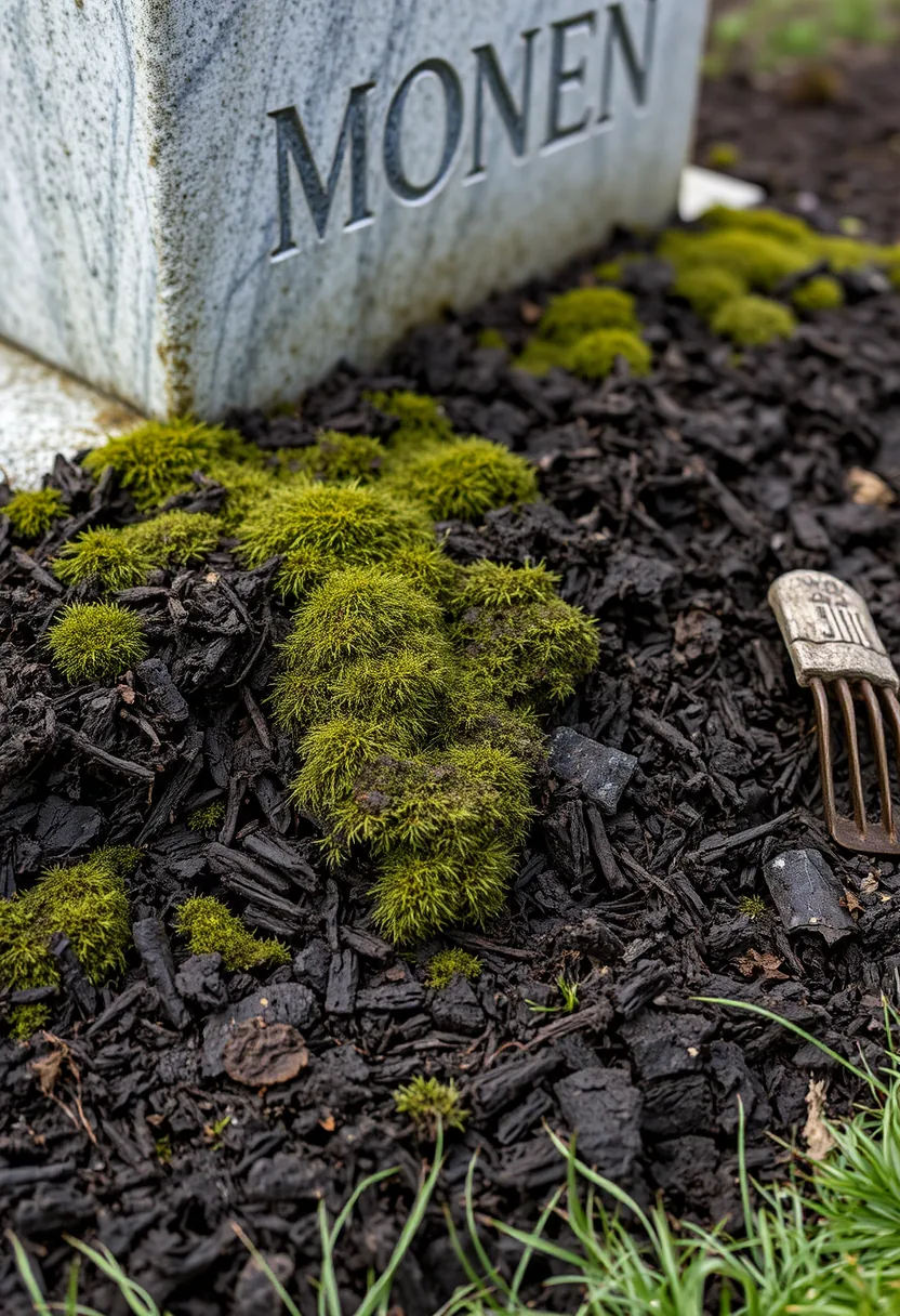 Outdoor halloween graveyard tombstone decor featuring freshly dug dirt, green moss, and spade