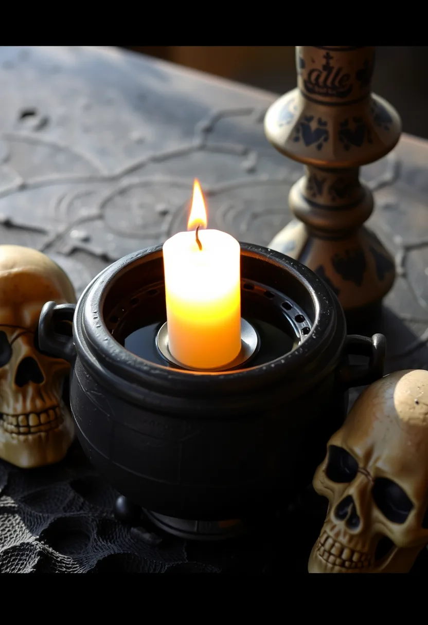 Burning candle in black cauldron with skulls for outdoor halloween graveyard tombstone decor entrance