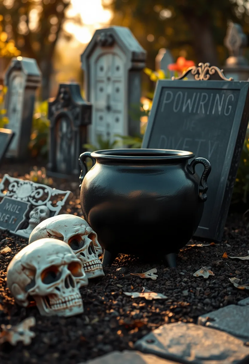 Black cauldron and cream skull props with tombstone backdrop for outdoor halloween graveyard decor