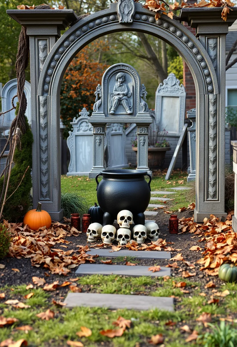 Black cauldron with skulls at stone graveyard gate for outdoor halloween tombstone decor with autumn leaves