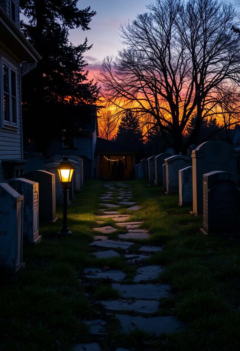 Lit outdoor halloween graveyard tombstone decor with motion-activated glowing lamp, stone path, and bare trees