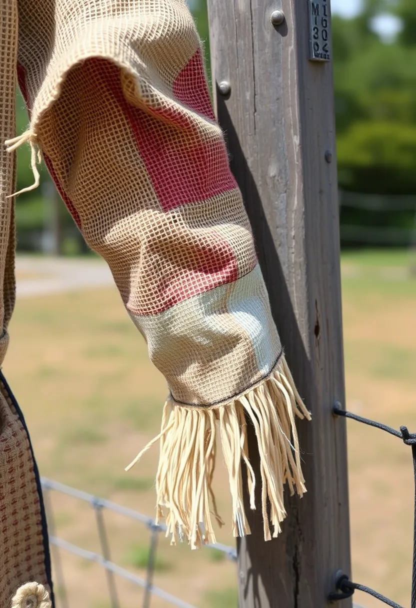 Red plaid scarecrow arm with straw cuff standing guard at outdoor halloween graveyard tombstone decor edge