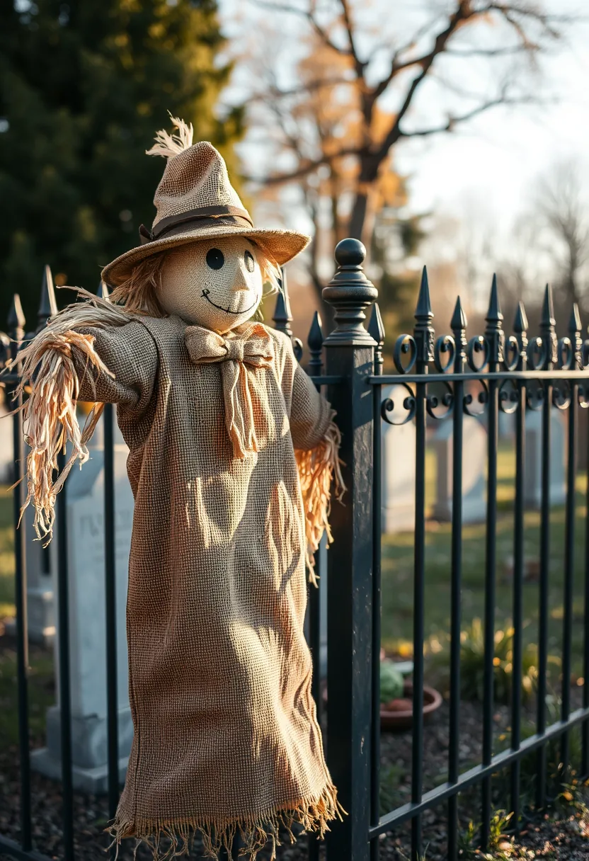 Burlap scarecrow with straw standing guard at iron fence in outdoor halloween graveyard and tombstone decor scene