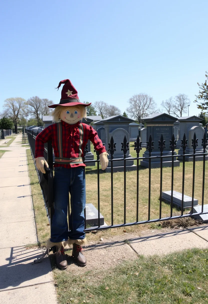 outdoor halloween graveyard tombstone decor idea: add a scarecrow standing guard at the graveyard edge, look 4