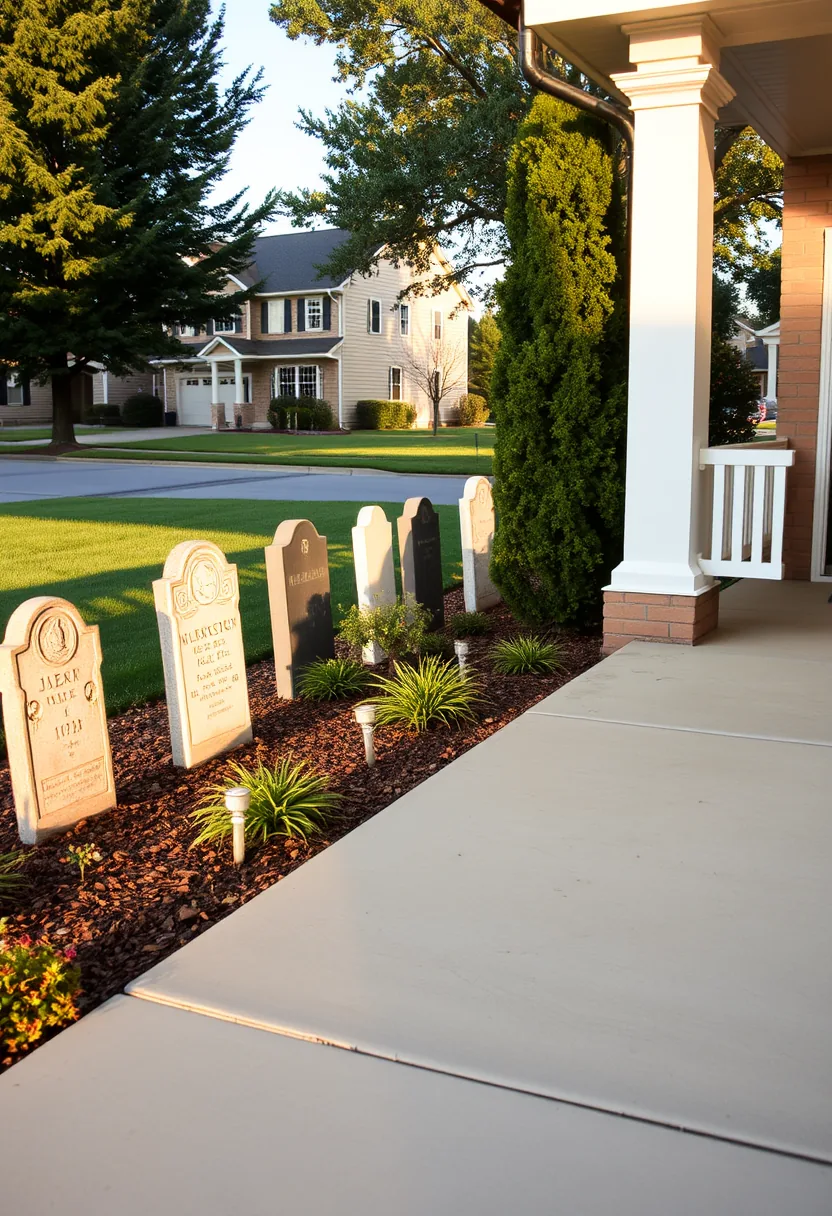 Outdoor halloween graveyard tombstone decor with cream and dark stones placed away from trick-or-treat path