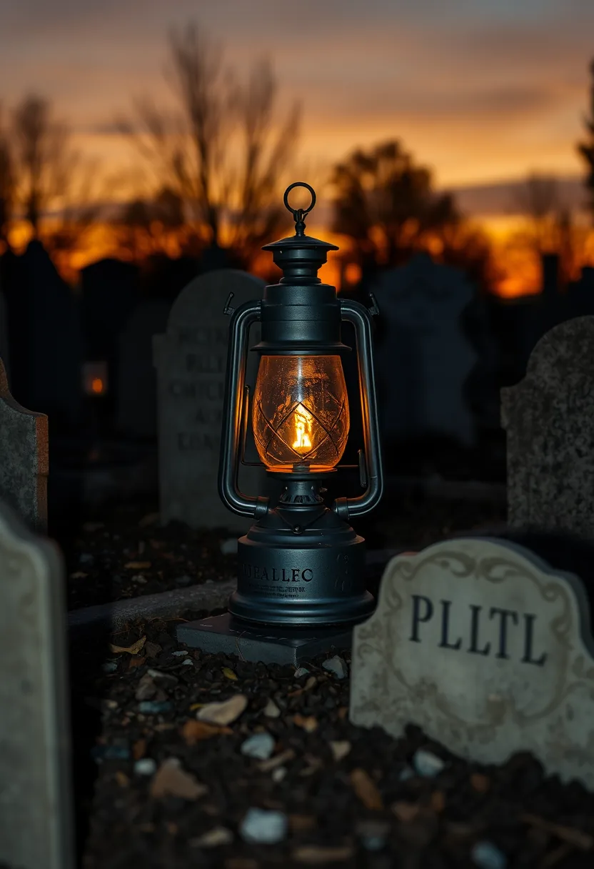 Black vintage lantern with amber glow among gravestones in outdoor halloween graveyard tombstone decor at dusk