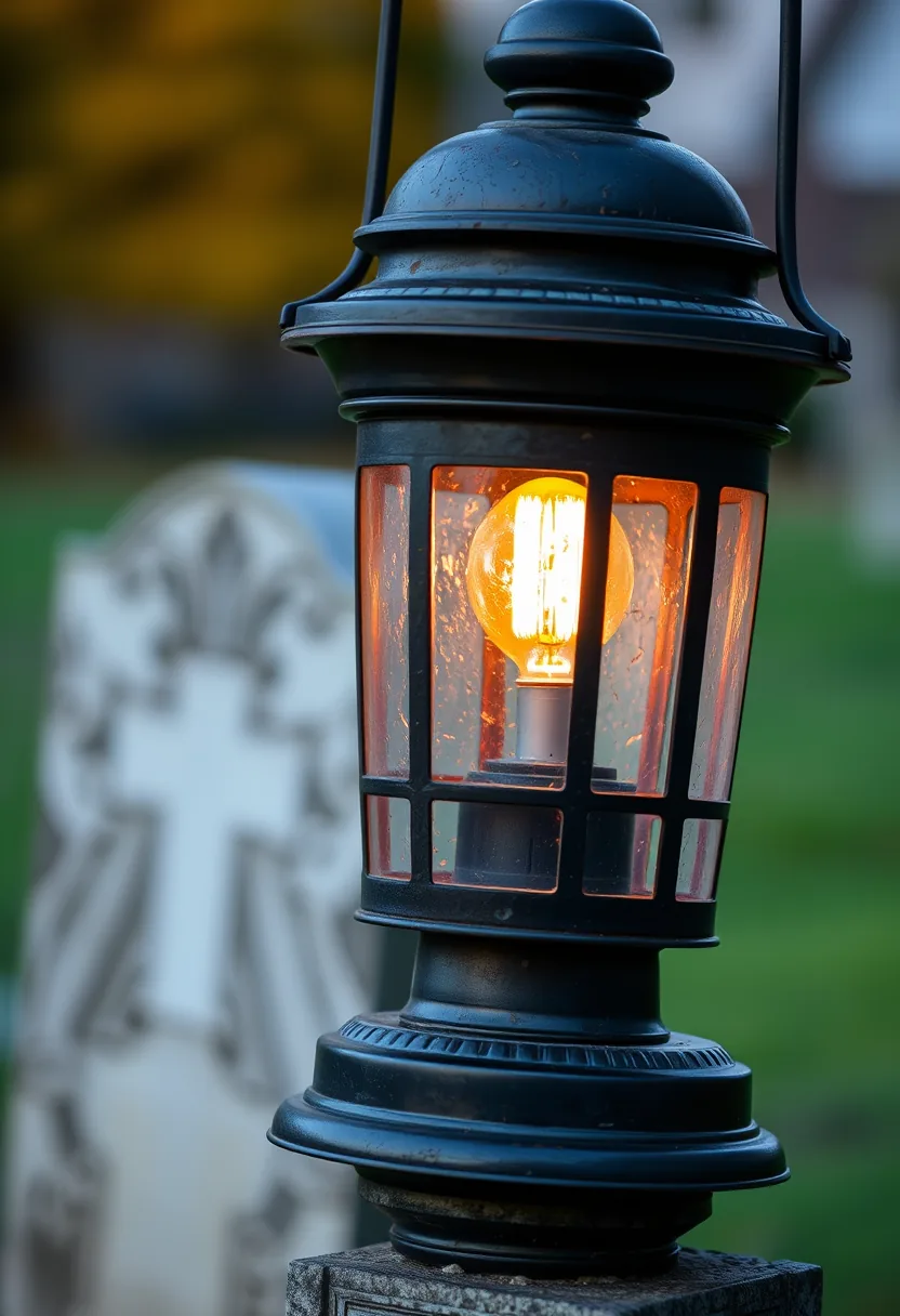 Vintage black lantern with warm golden glow for outdoor halloween graveyard tombstone decor with glass panes