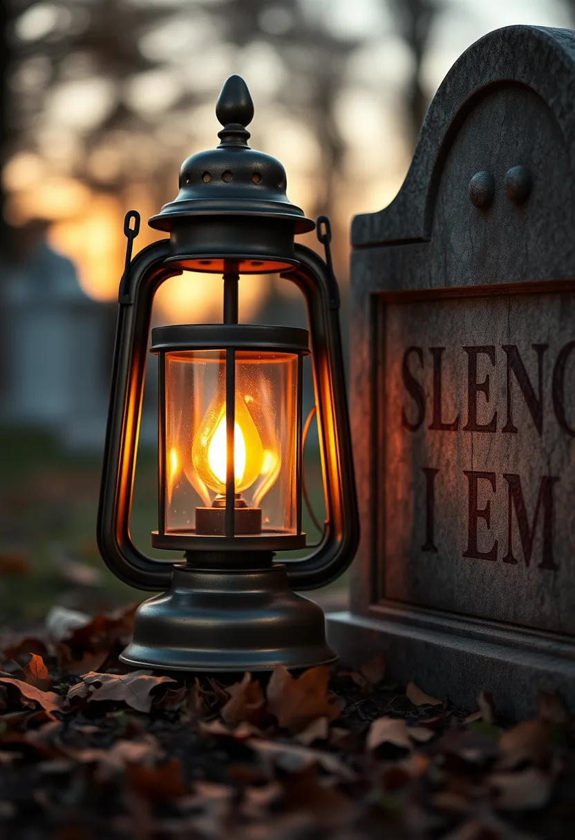 Black vintage lantern with warm glow beside tombstone and autumn leaves in outdoor halloween graveyard decor