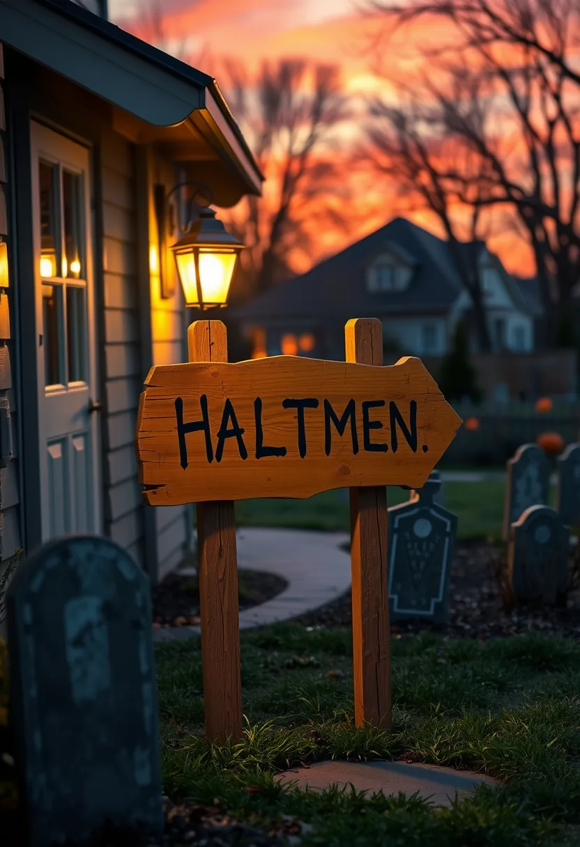 Haltmen wooden sign in outdoor halloween graveyard tombstone decor marking playful freshly buried spot